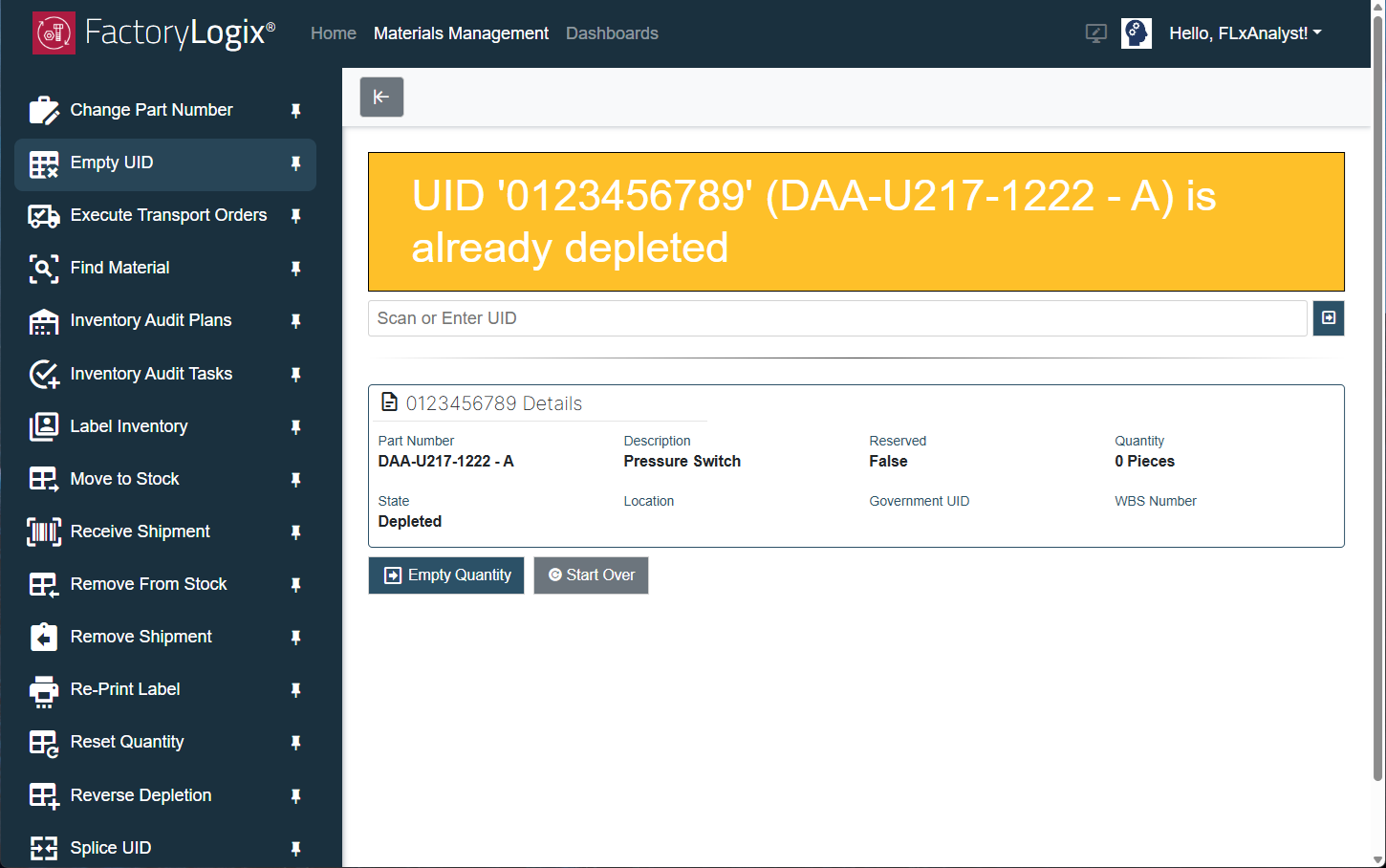Empty UID - Start Over message