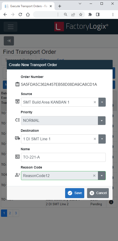 Create New Transport Order dialog