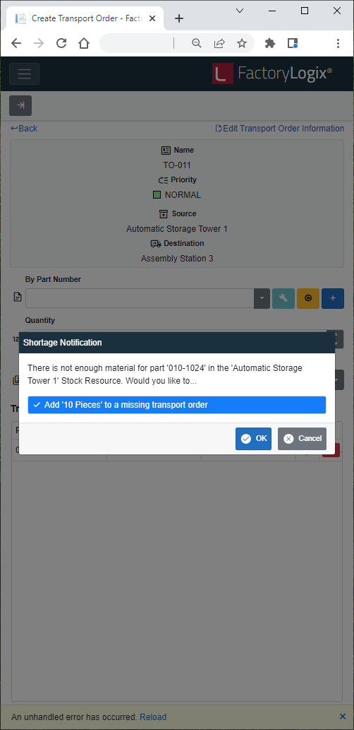 Shortage Notification dialog