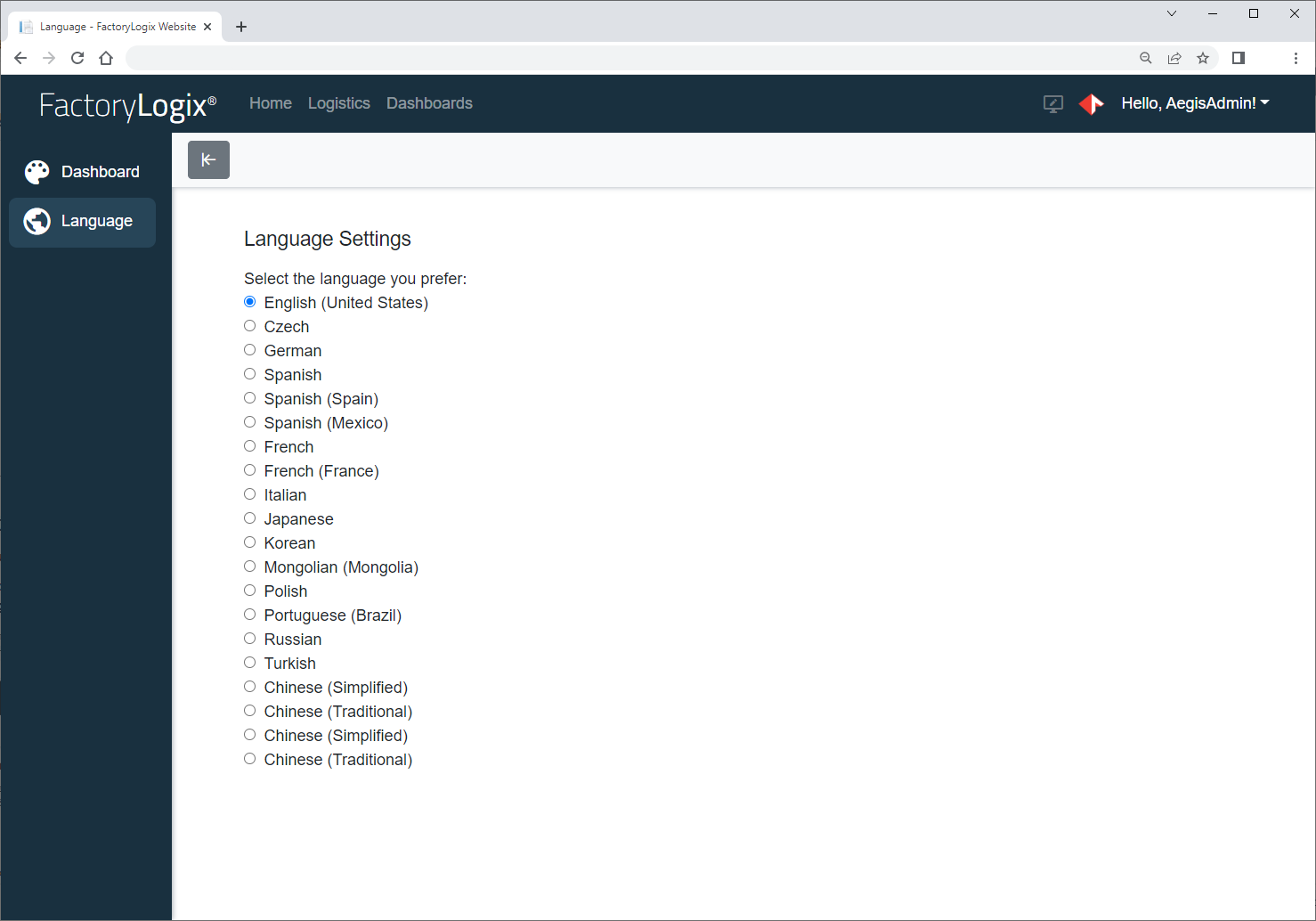 FactoryLogix website language settings
