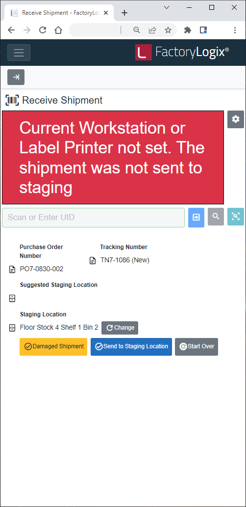 Workstation or label printer error message