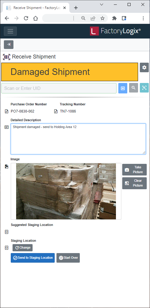 You can add a photo of a damaged shipment using the Take Picture button