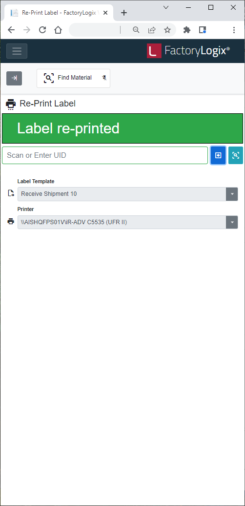 Re-Print Label confirmation message