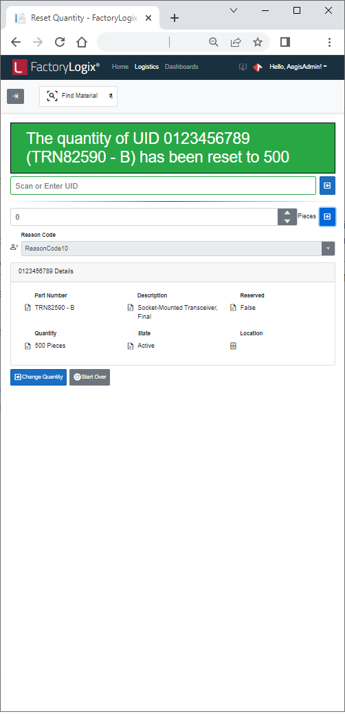 Reset Quantity confirmation message