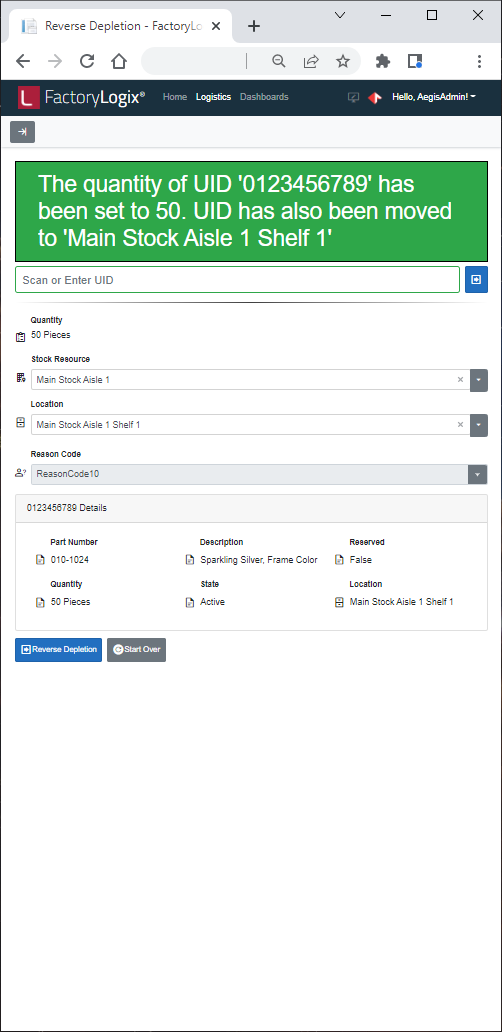 Reverse Depletion confirmation message
