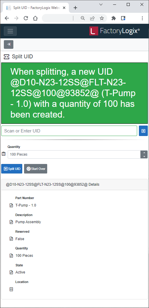 Split UID successful message