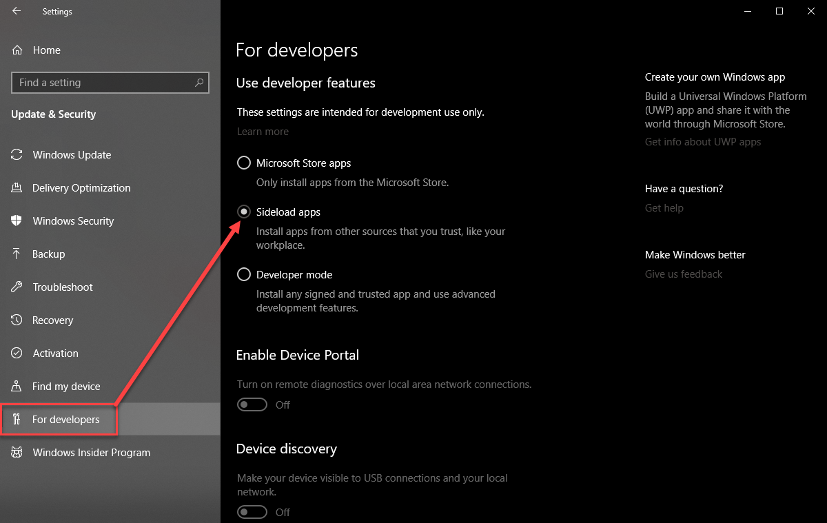 Select For Developers on the left side of the Settings window