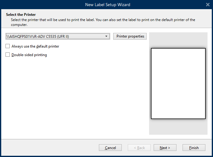 New Label Setup Wizard Select the Printer