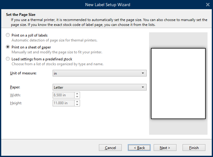 New Label Setup Wizard Set the Page Size