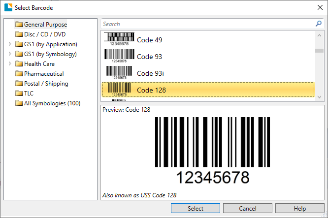 Select Barcode dialog