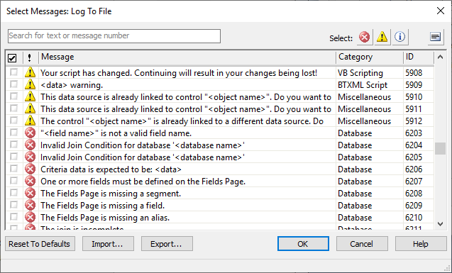Select Messages - dialog