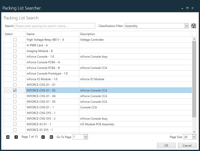 Packing List Searcher dialog