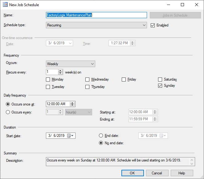 Maintenance Plan Wizard - New Job Schedule dialog