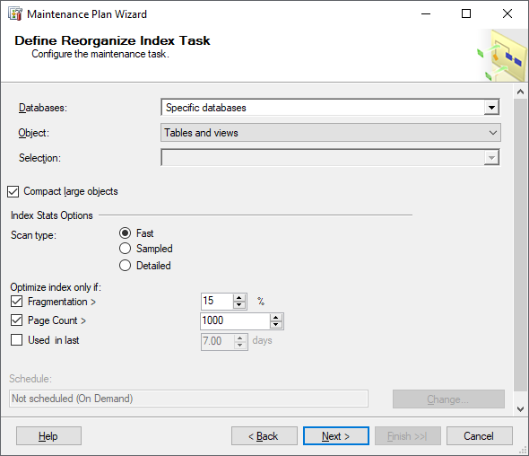 Maintenance Plan Wizard - Define Reorganize Index Task