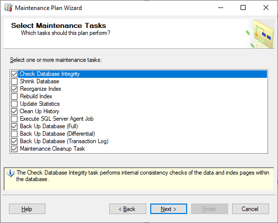 Maintenance Plan Wizard - Select Maintenance Tasks