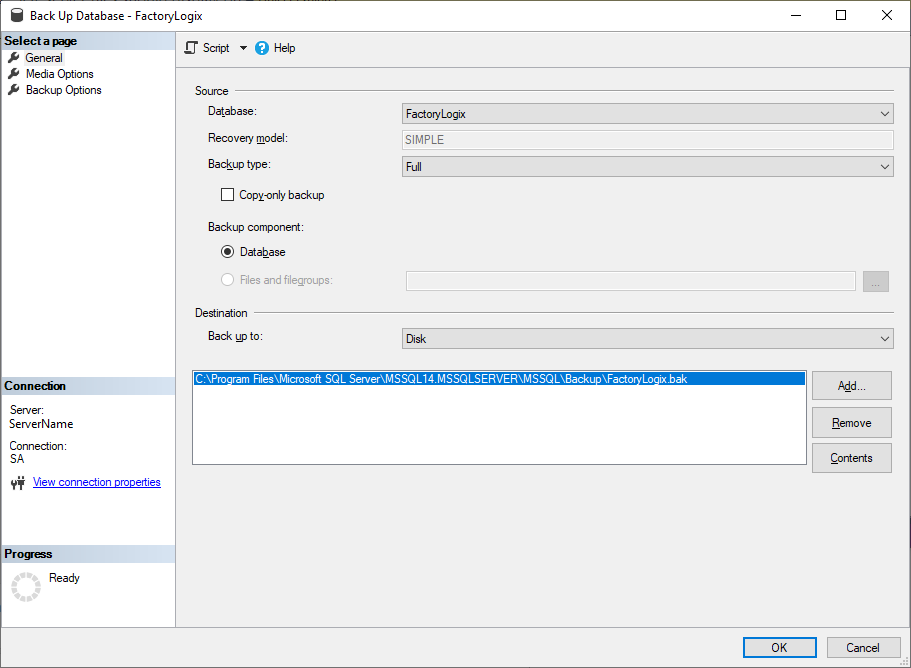 Back Up Database - FactoryLogix dialog
