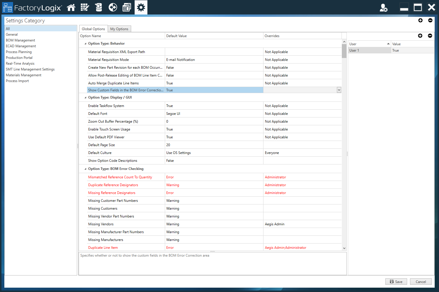 Select global option for an override user