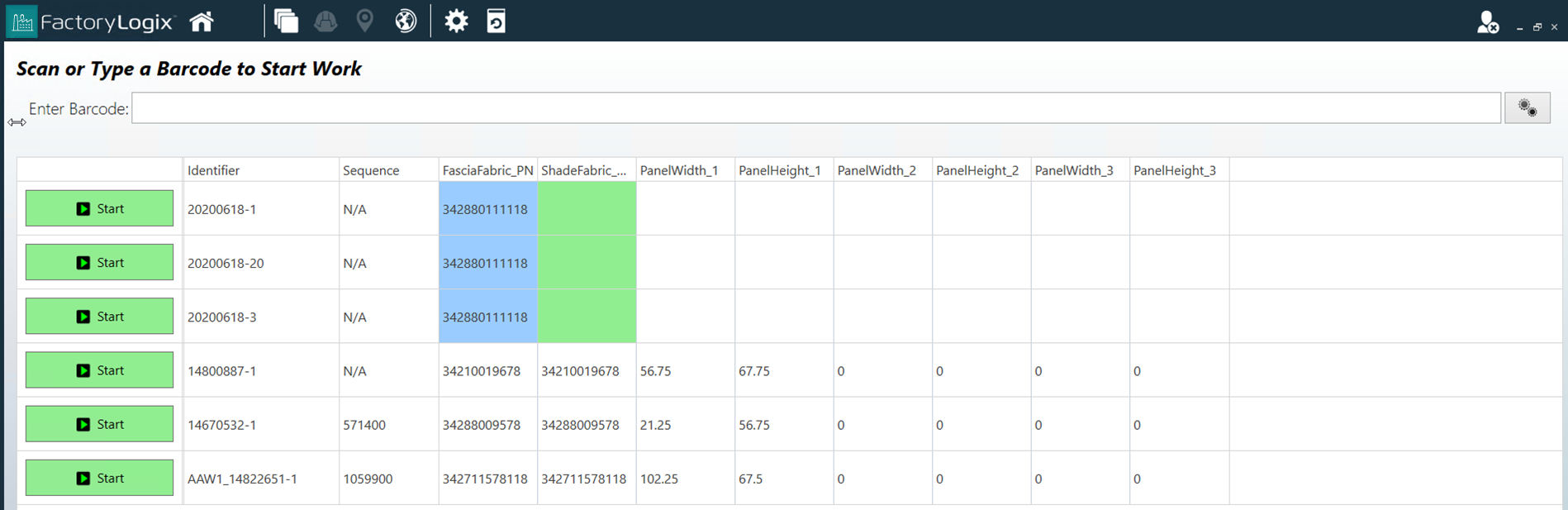 Start Screen in FactoryLogix Operations