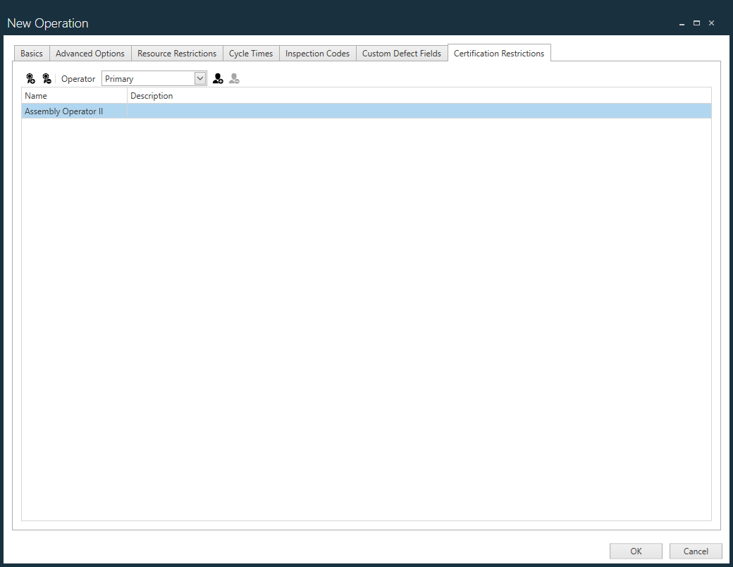 Certification Restrictions tab - Primary Operator