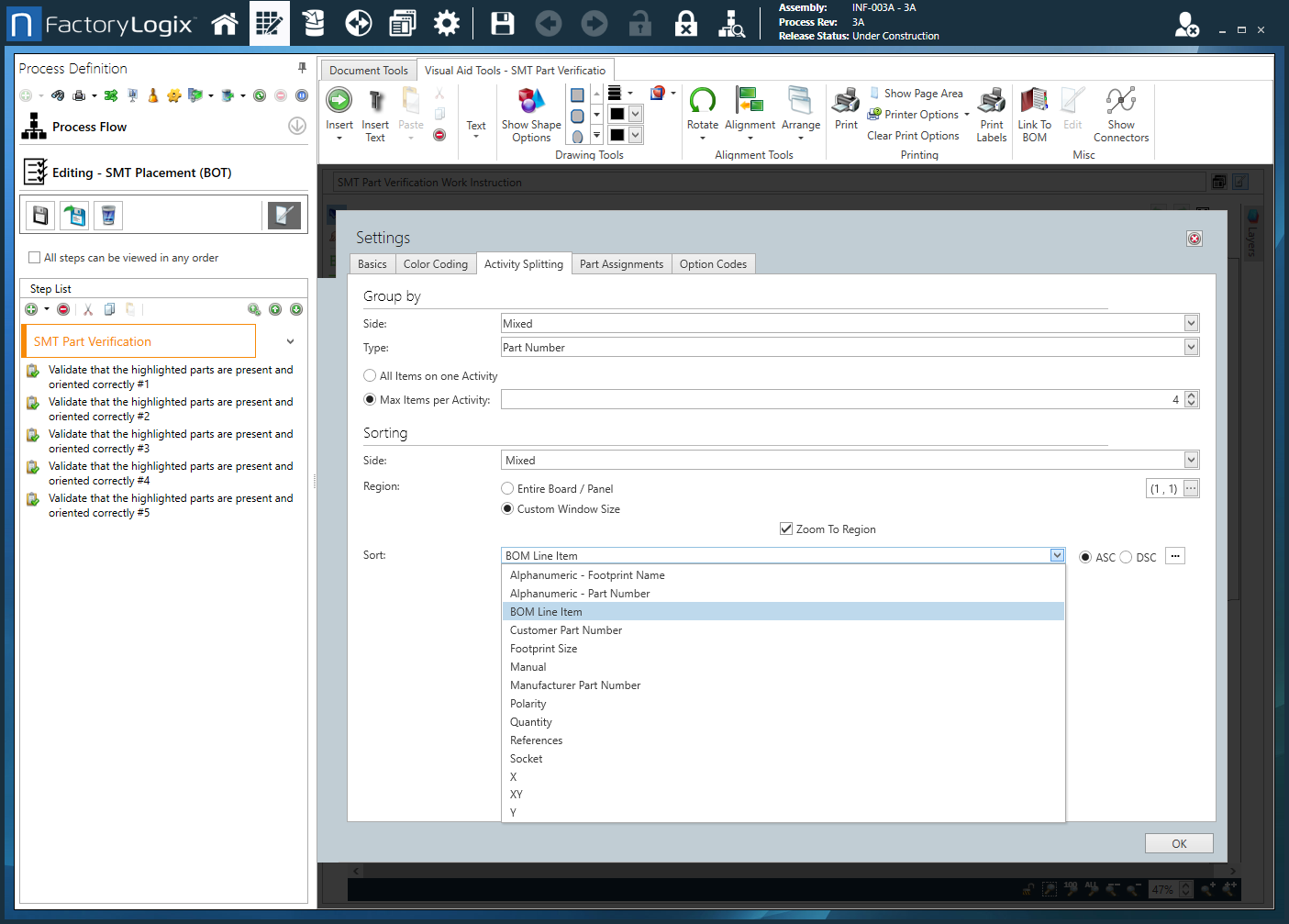Activity Splitting tab - Color Coded step