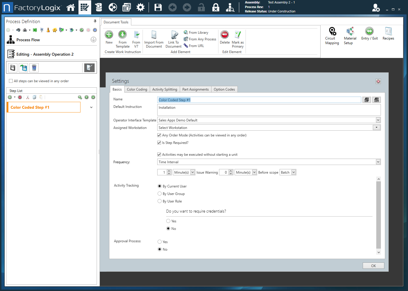 Color Coded step Settings dialog