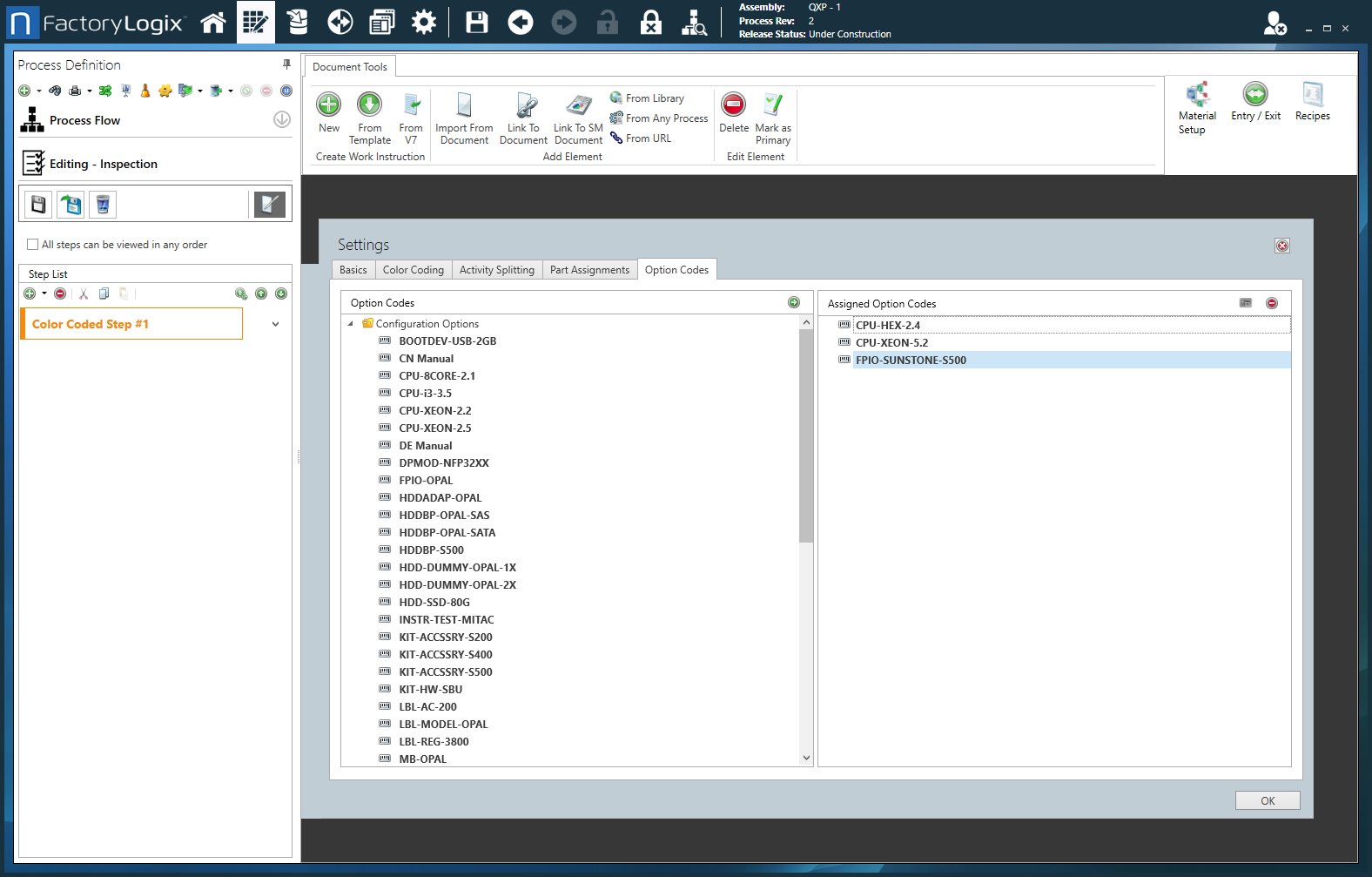 Option Codes tab - Color Coded step