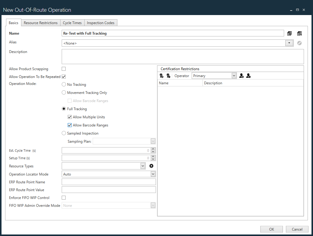 New Out-of_Route Operation dialog