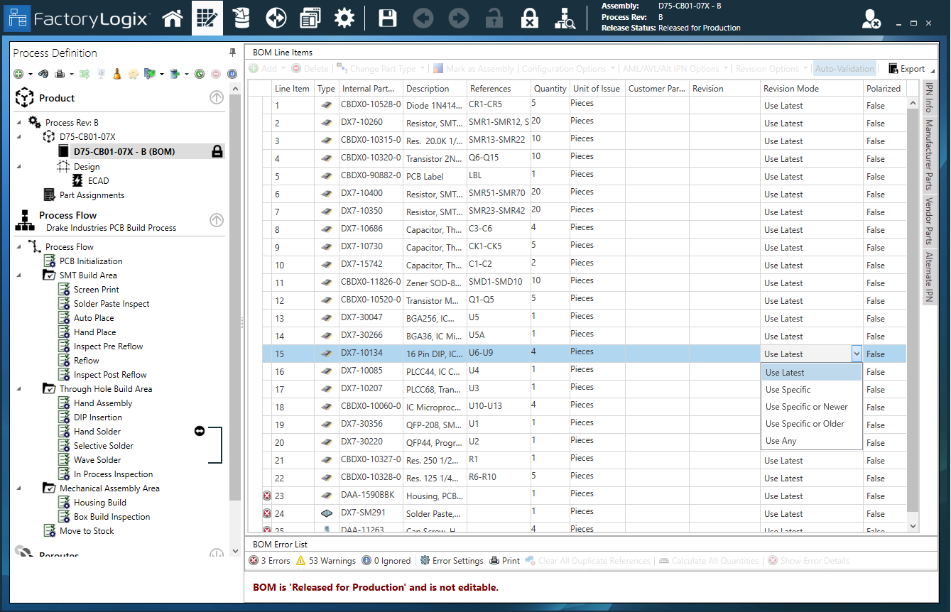 Specify a part revision mode for BOM line items