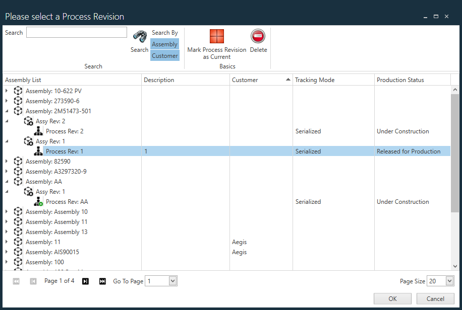 Please Select a Process Revision dialog