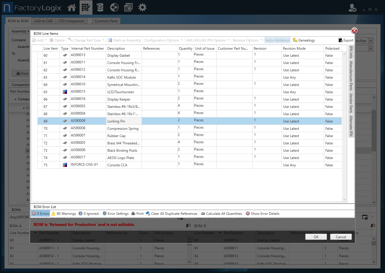 Select the Open BOM button to open the BOM for an assembly