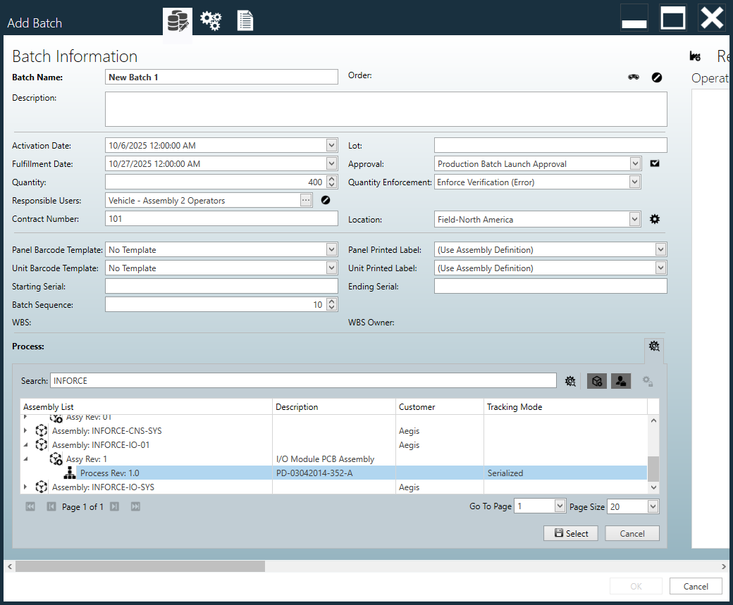 Add Batch dialog - Search for a process revision