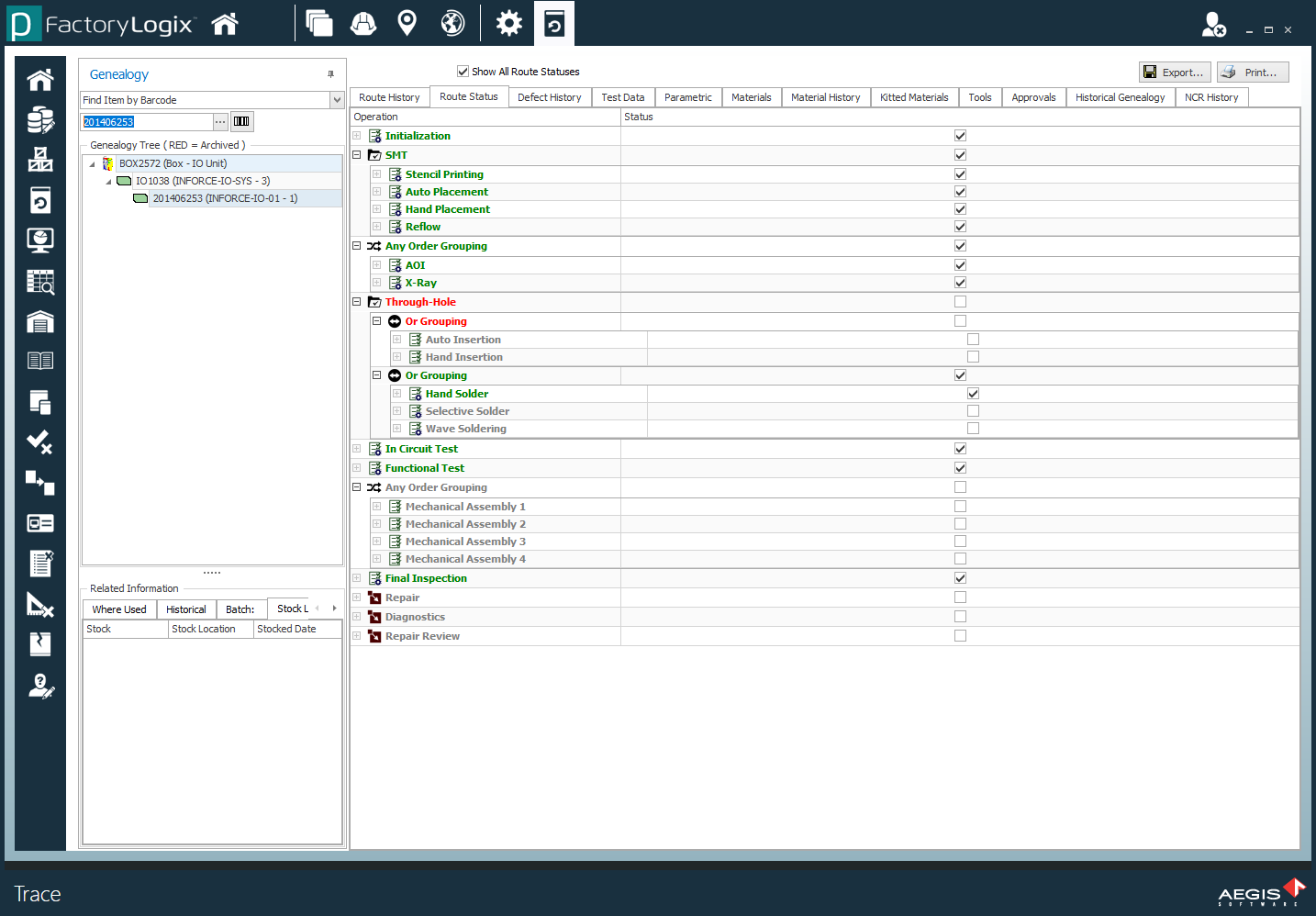 Groups related to a selected process on the Route status tab of the Trace window