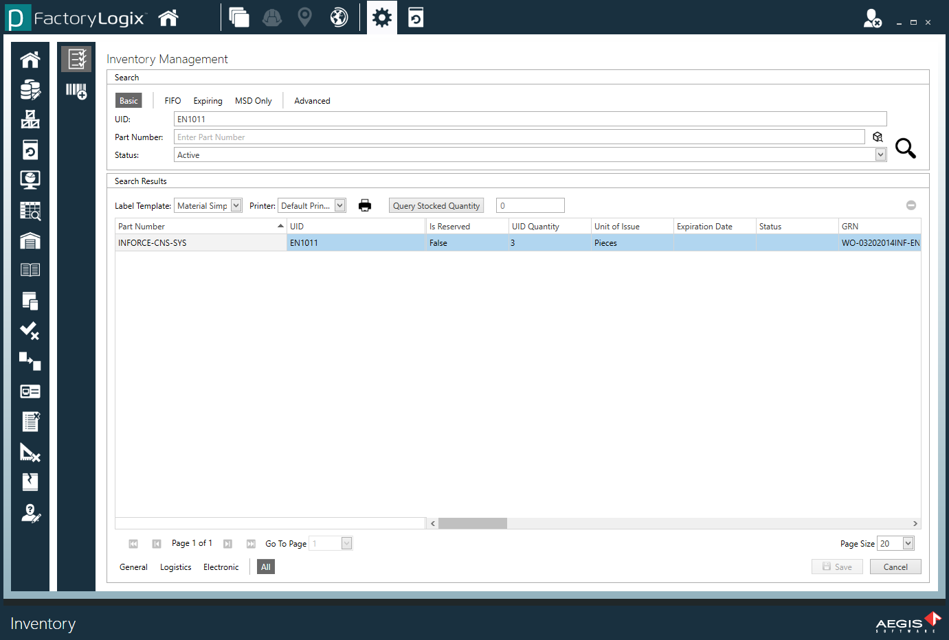 Inventory Management window