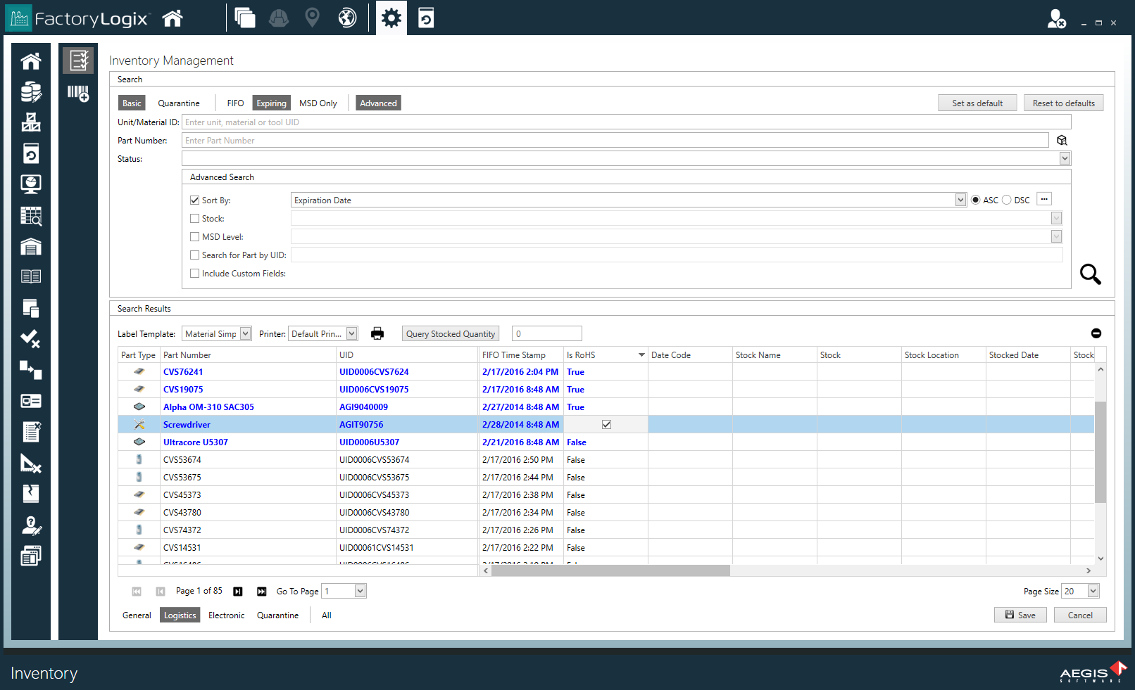 Inventory Management window - revised columns