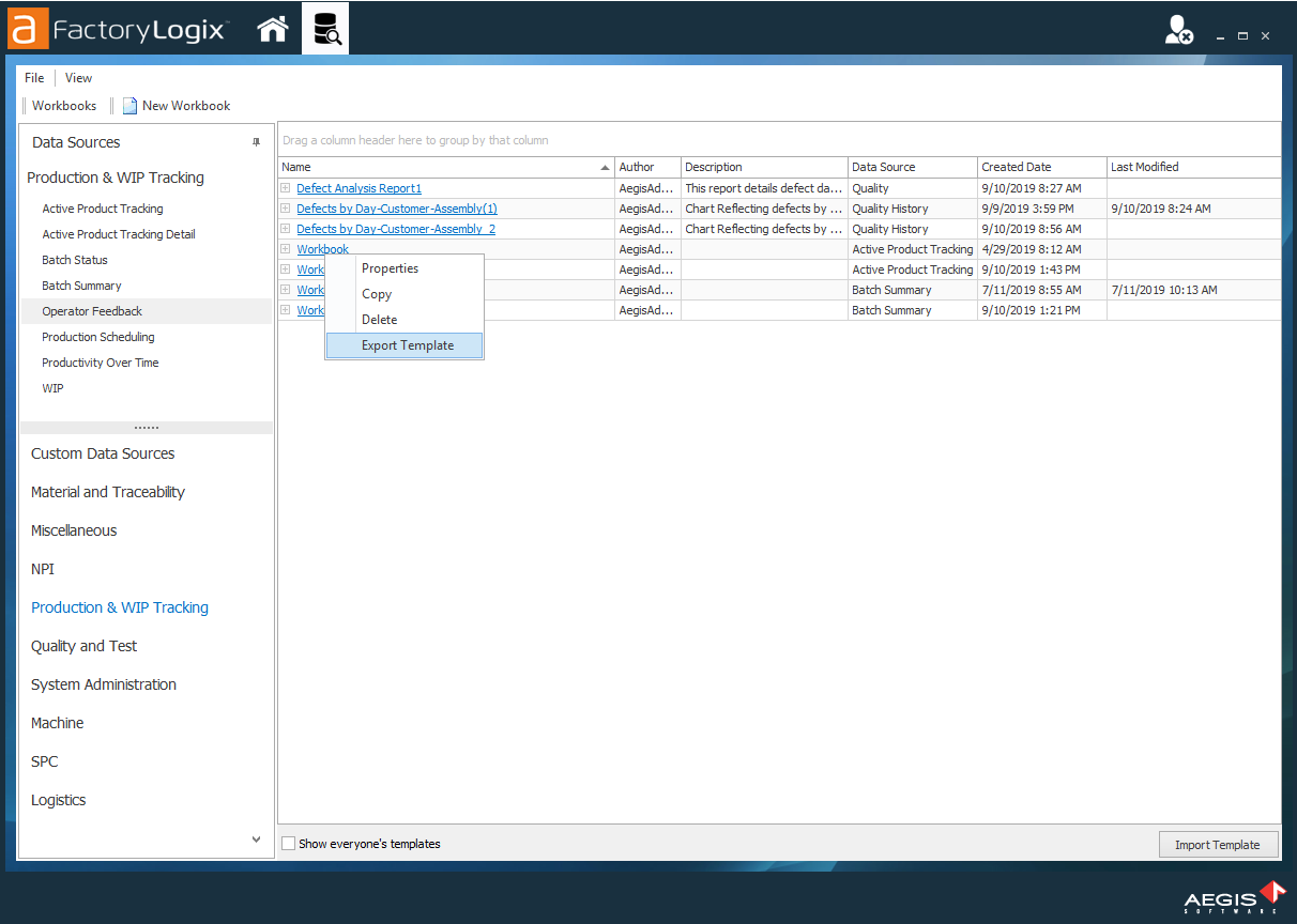 Select Export Template from the context menu