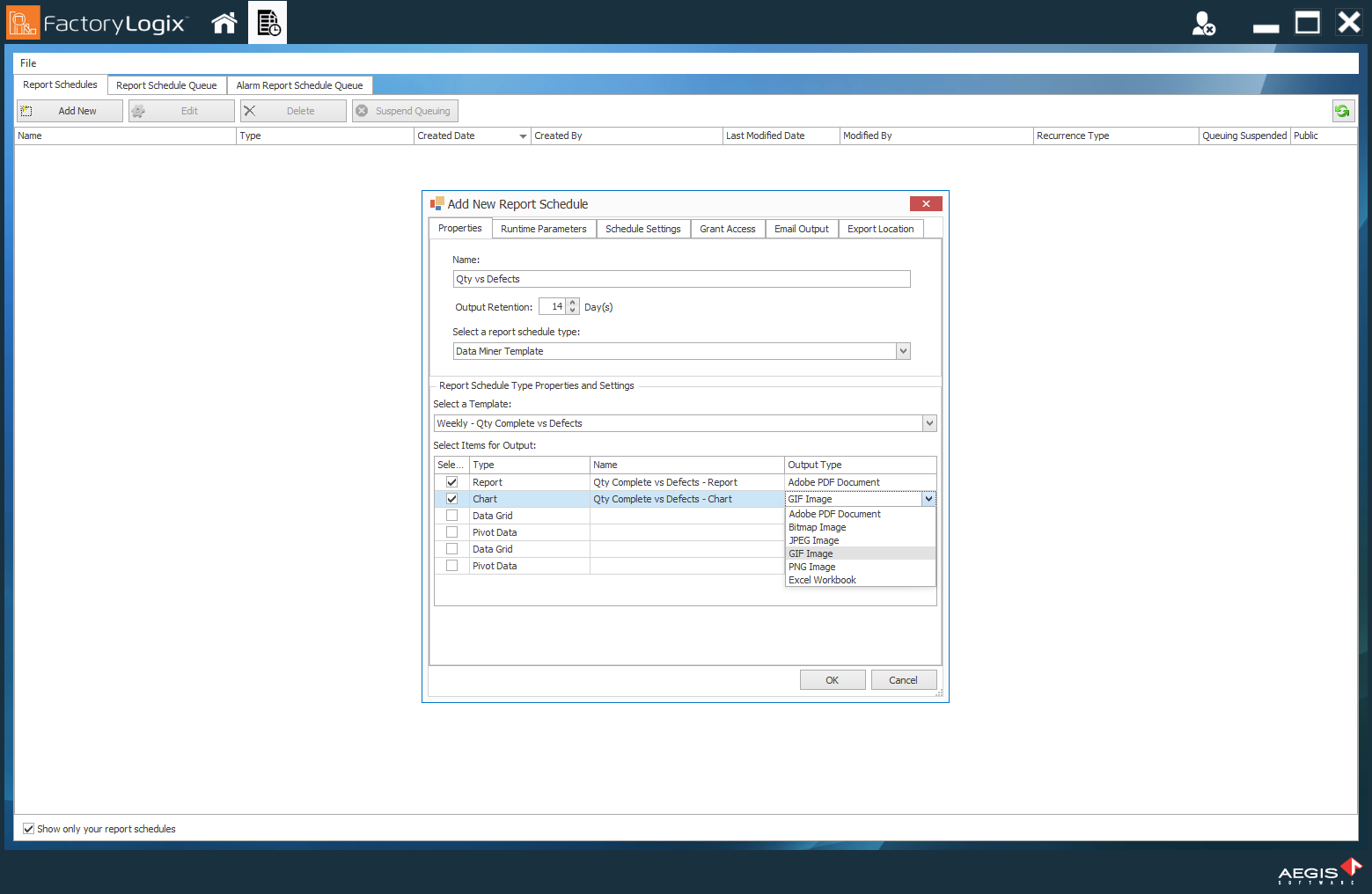 Report Scheduler window - Output Type