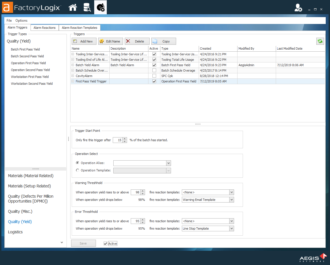 Alarm trigger example settings