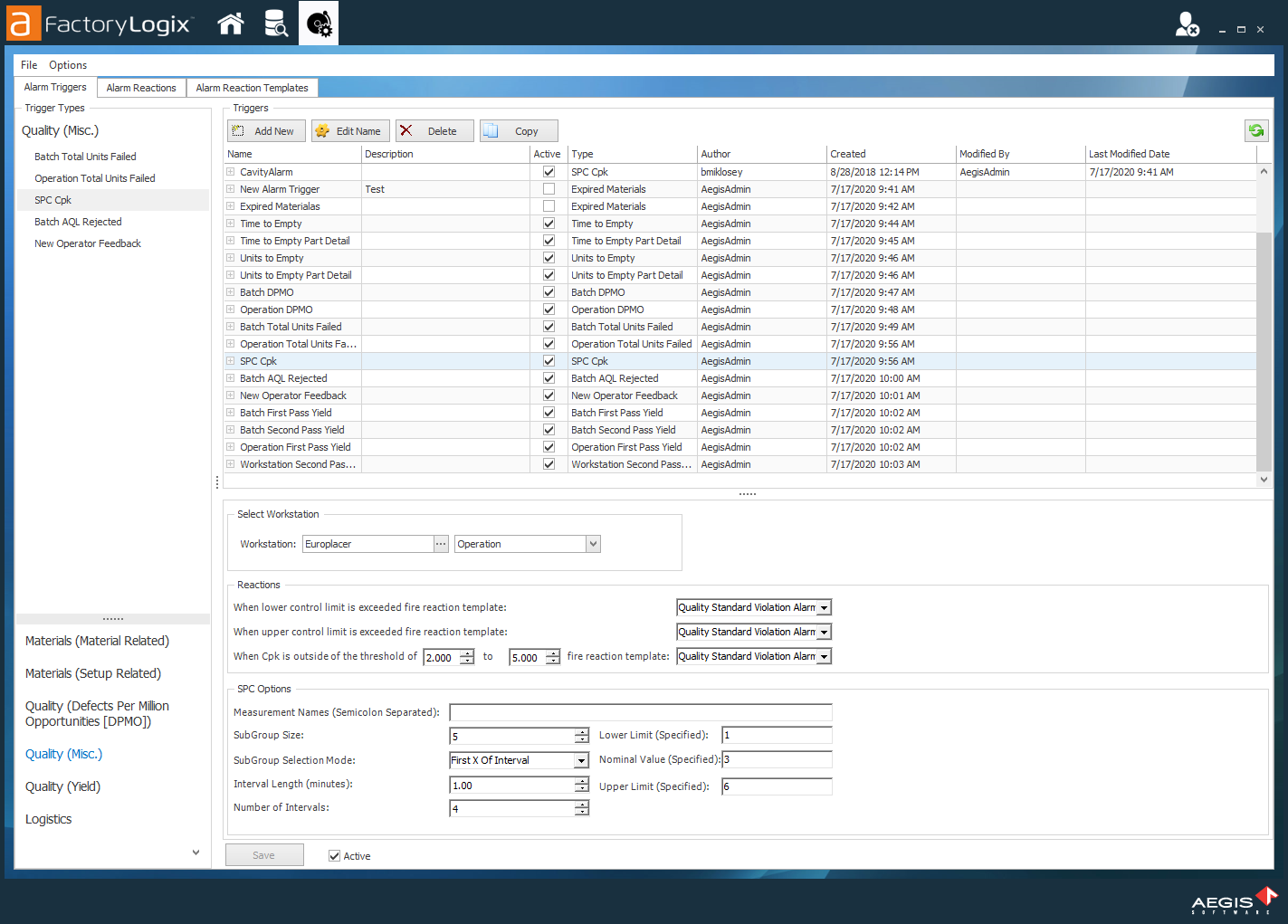 SPC Cpk alarm trigger type