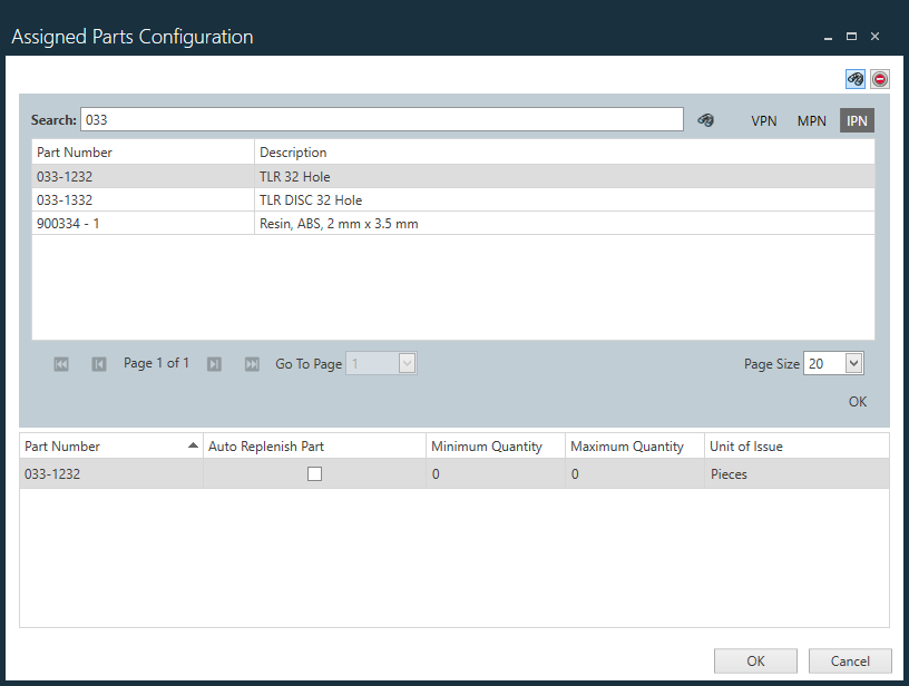 Assigned parts Configuration window