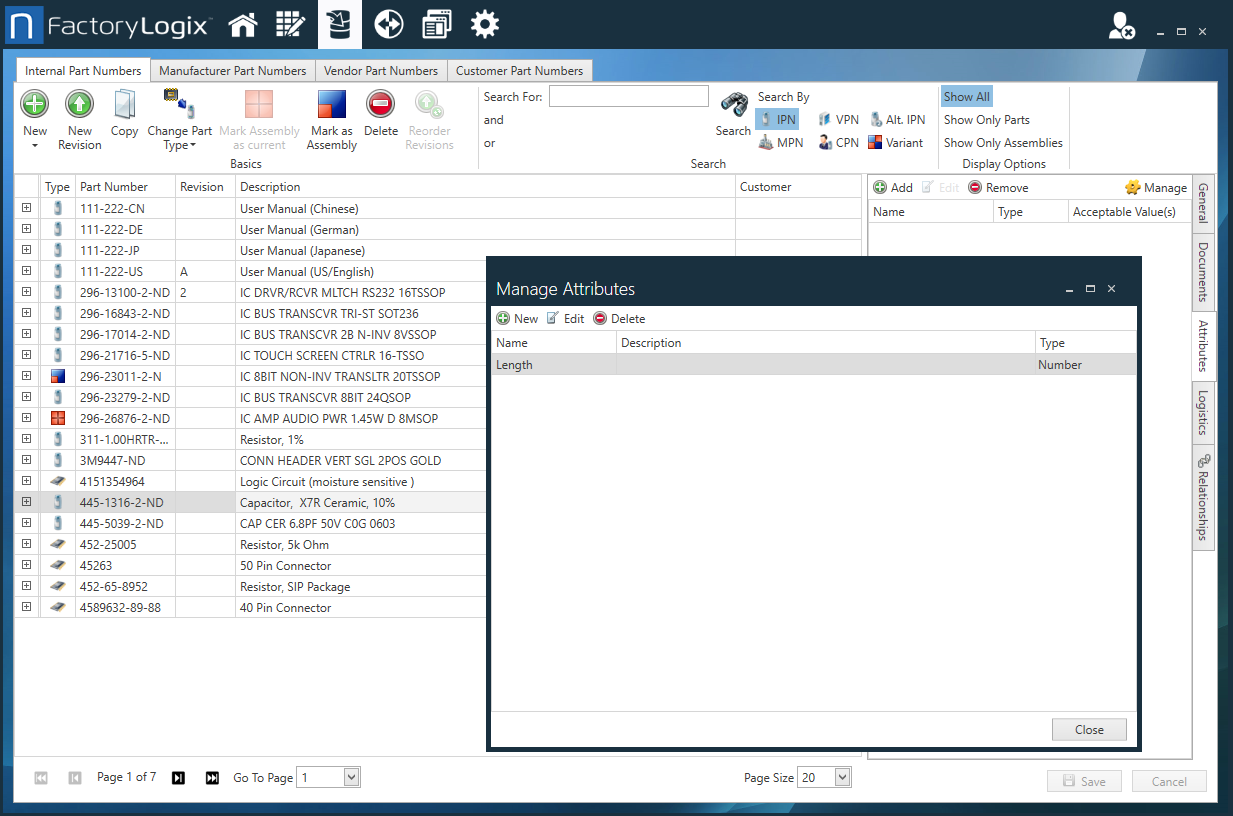 Manage Attributes dialog