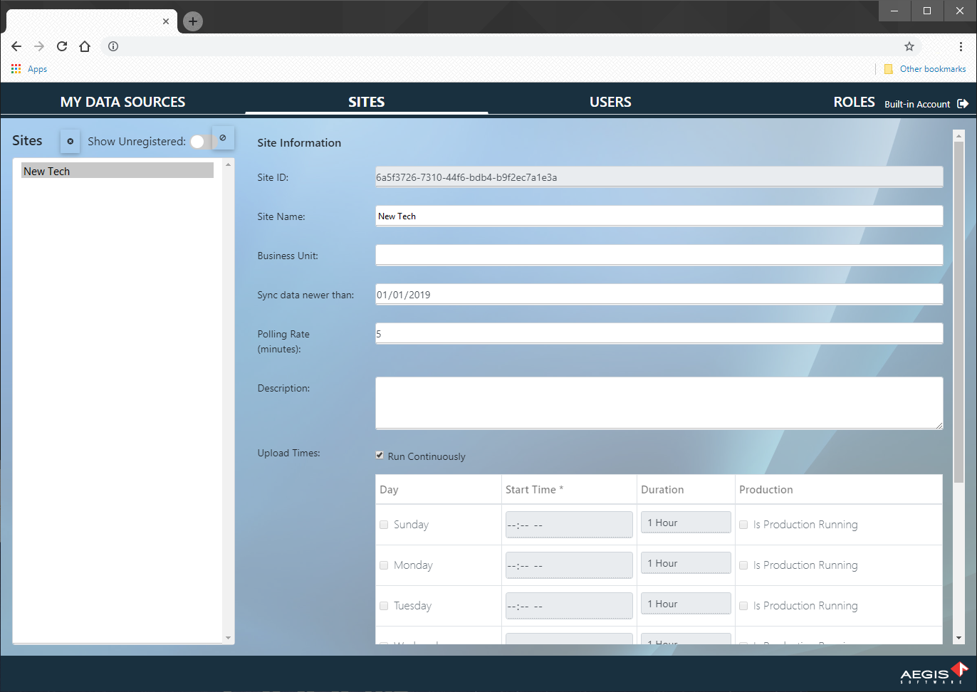 Sites tab of the Enterprise BI website
