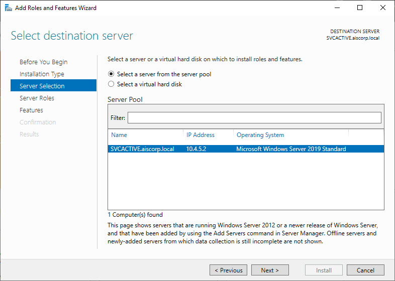 Select destination server page