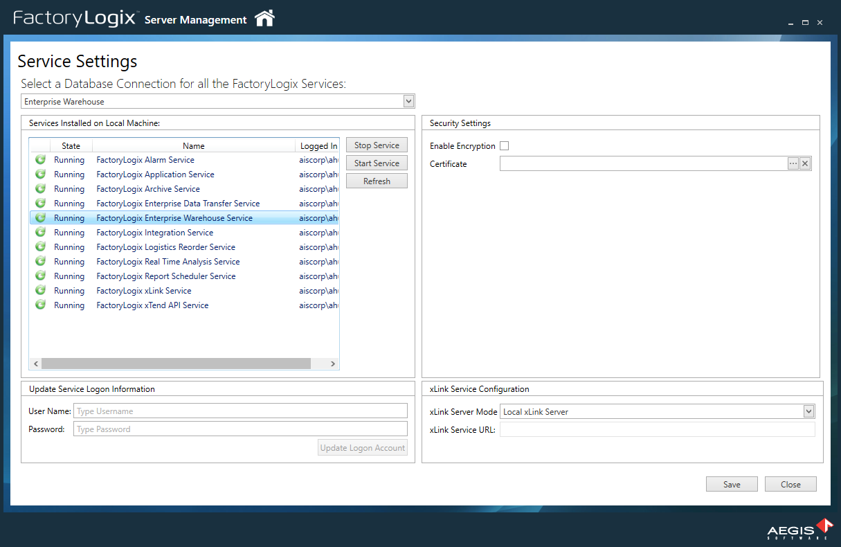 Service Settings dialog
