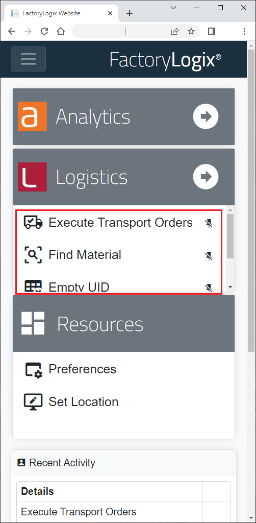 Pinned functions on the FactoryLogix Home screen