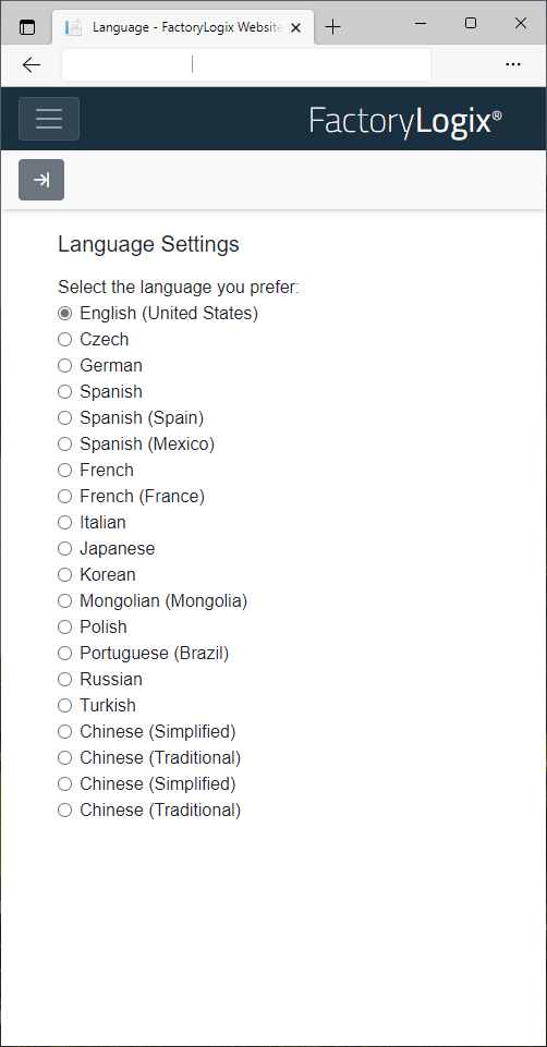 Language Settings screen