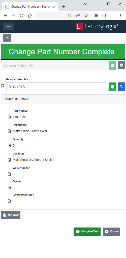 Change Part Number Complete message