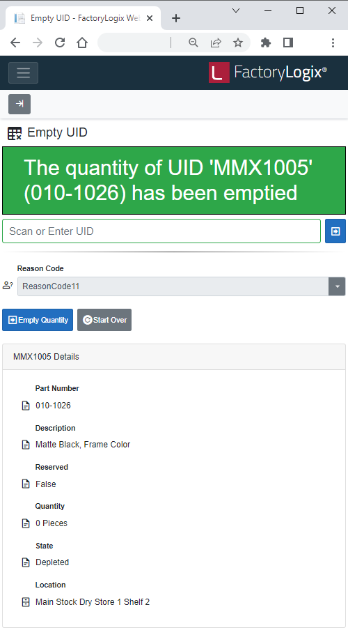 Quantity emptied message