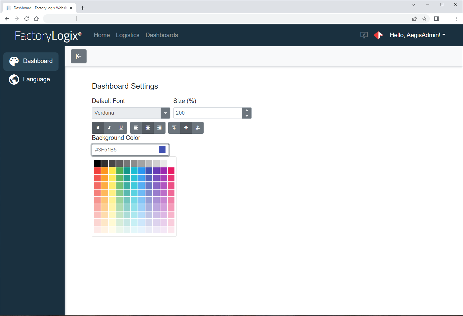 Dashboard settings for Analytics