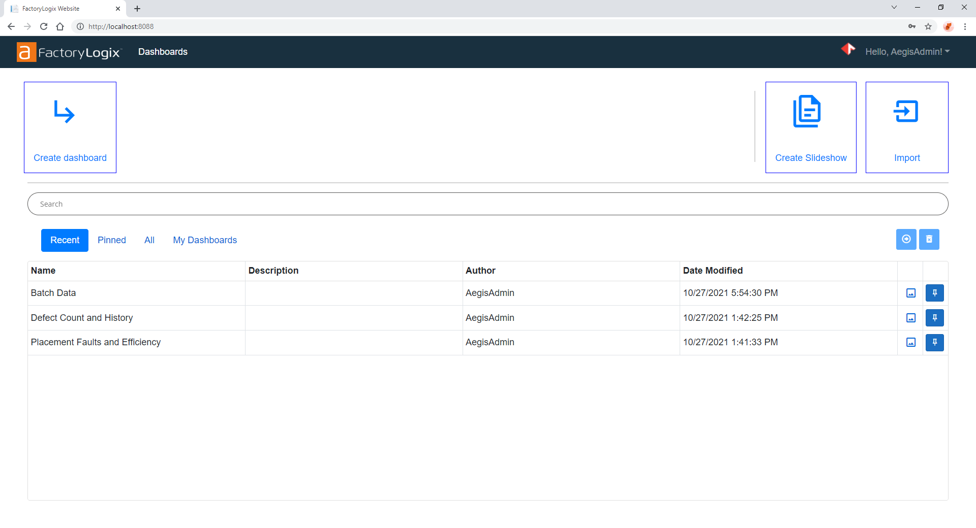 Main dashboards window