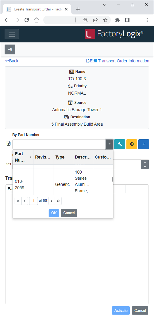 Select a part number, then select OK